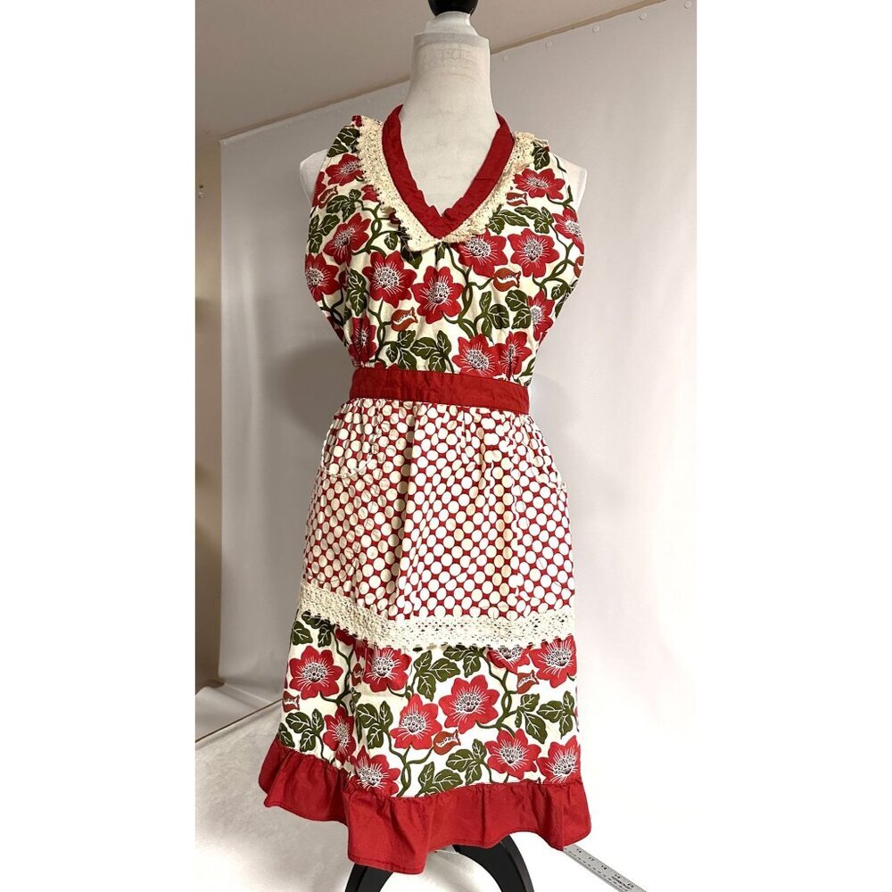 Simply Envogue‎ Red Floral & Polka Dot Apron Lace Trim Cottagecore Grannycore